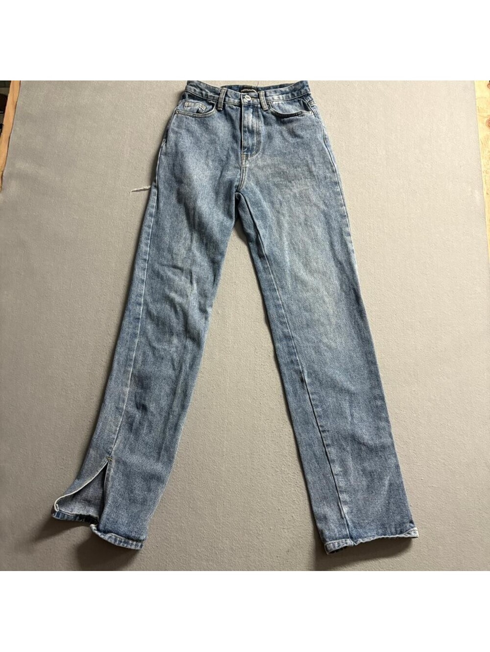 PrettyLittleThing High Rise Straight Leg Jeans Womens US 2 Blue Split Hem Ripped